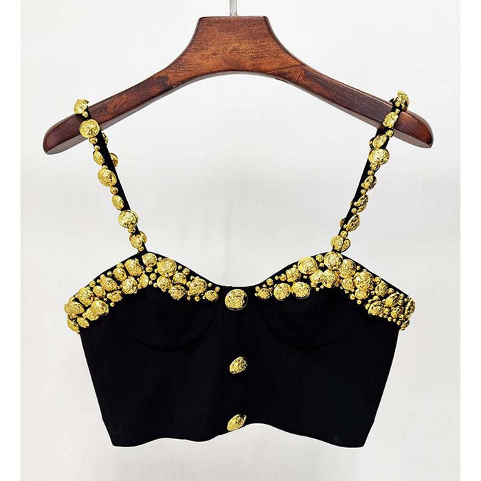 Heavy-Duty Gold Button Camisole & Midi Skirt Set Black Skirt Suit