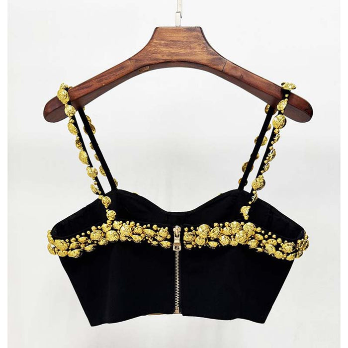 Heavy-Duty Gold Button Camisole & Midi Skirt Set Black Skirt Suit