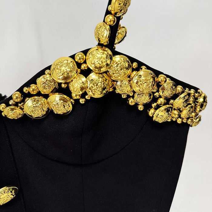 Heavy-Duty Gold Button Camisole & Midi Skirt Set Black Skirt Suit