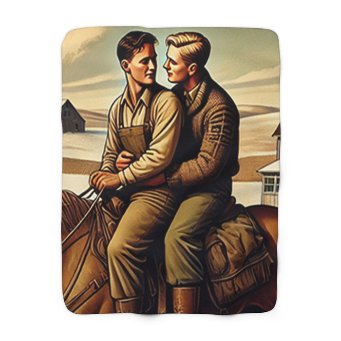 Heirloom sherpa blanket featuring Missing Grant 017 artwork of two young men riding horseback through a winter farm