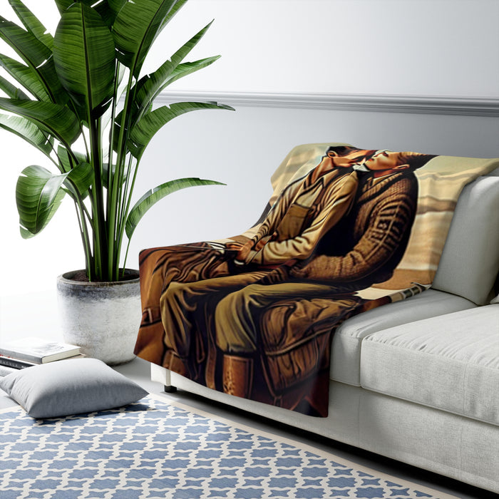 Art-inspired sherpa blanket with horse riding scene, snowy fields, and American farm buildings