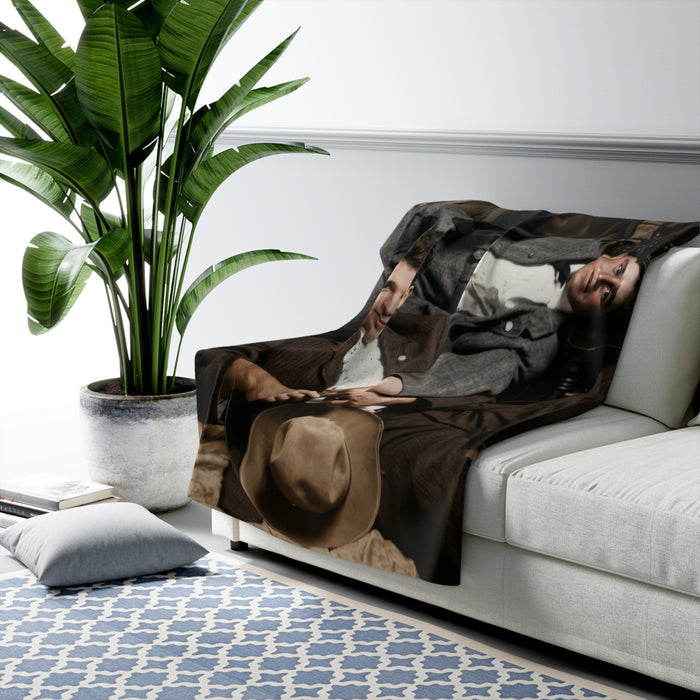 Historical sherpa blanket with dramatic early-century portrait styling and archival character