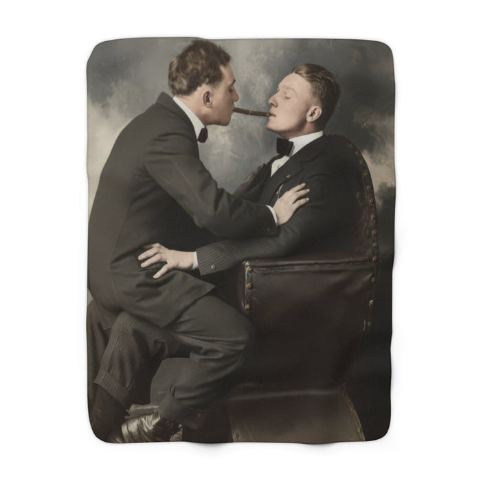 Heirloom sherpa blanket featuring two young men in a formal studio portrait with a cigar