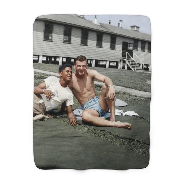 Heirloom sherpa blanket featuring two young men relaxing together on a grassy lawn