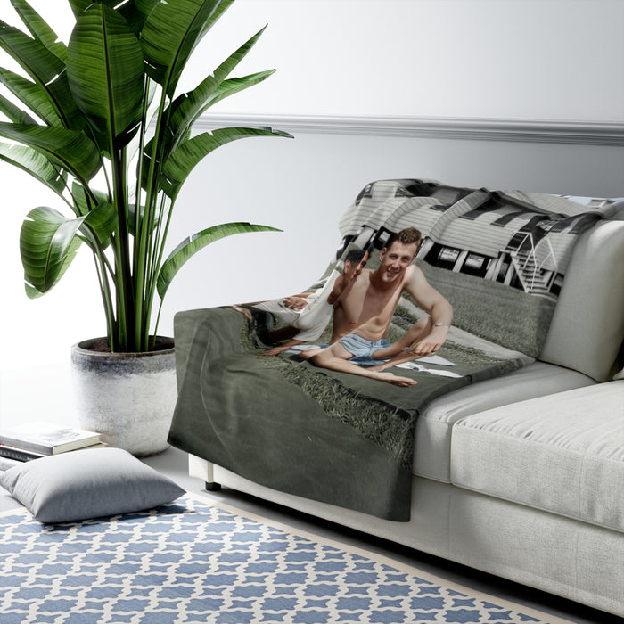 Historical sherpa blanket with service-era summer scene and relaxed outdoor composition
