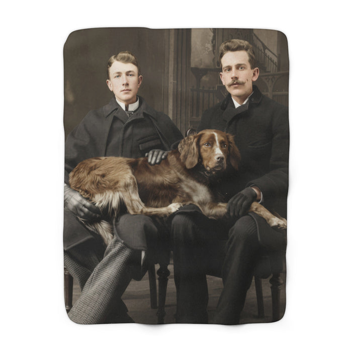 Heirloom sherpa blanket featuring two young men seated with a dog in formal attire