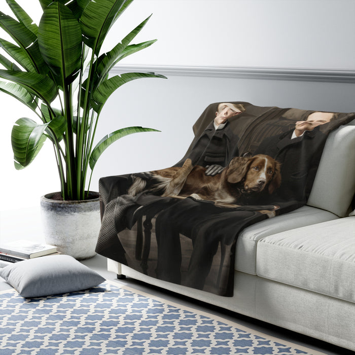 Historical sherpa blanket with vintage dog portrait and formal seated composition