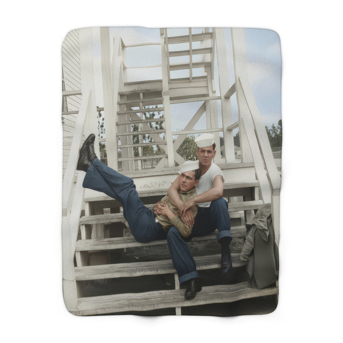 Heirloom sherpa blanket featuring two sailors posed together on wooden stairs