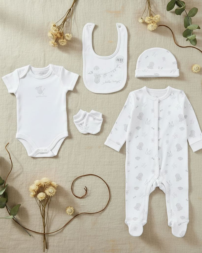 'Hello Baby Teddy Bear' 5 Piece Layette Gift Set - 3 sizes. Set Rock a Bye Baby