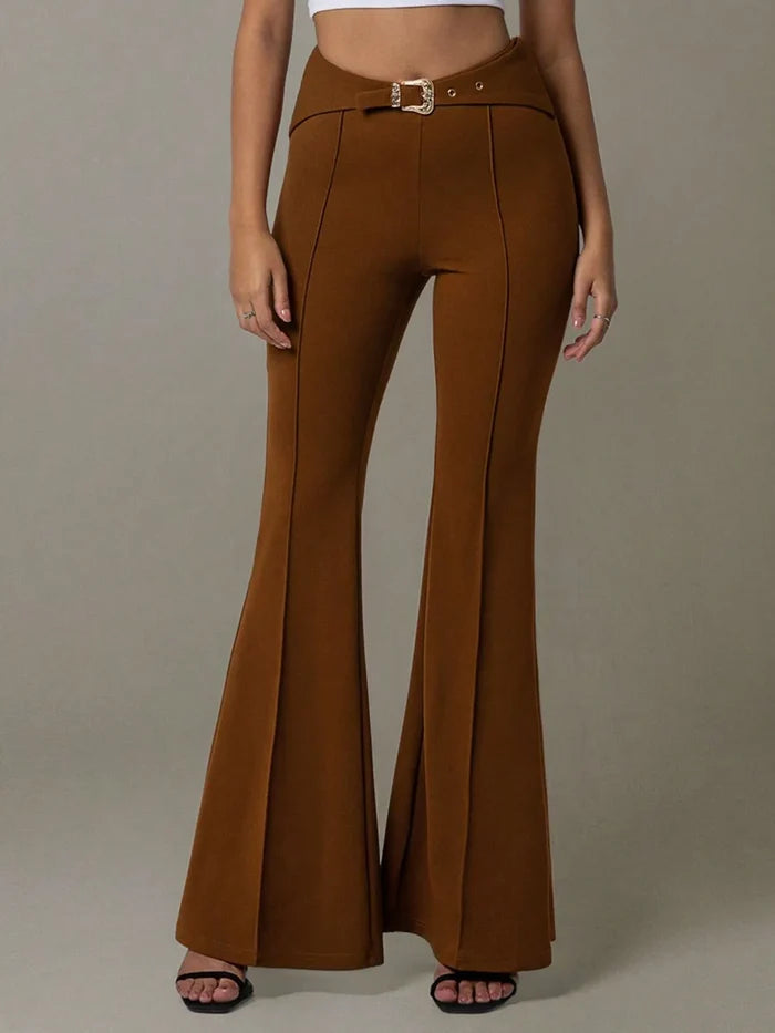 High Waist Flare Pants with Buckle Belt