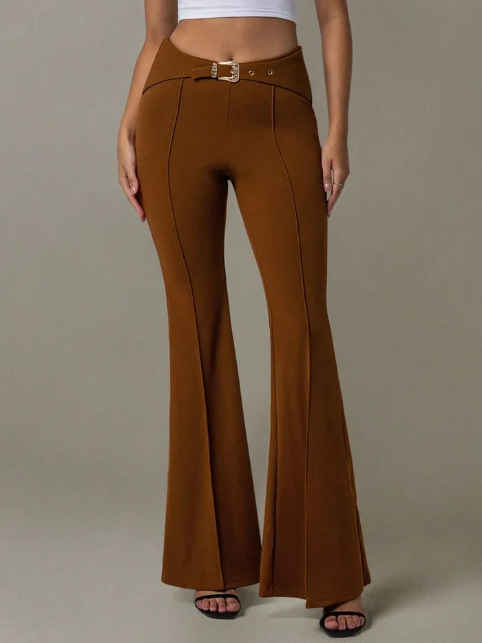 High Waist Flare Pants with Buckle Belt