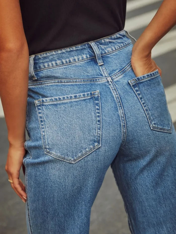 High Waisted Straight Leg Rolled Jeans
