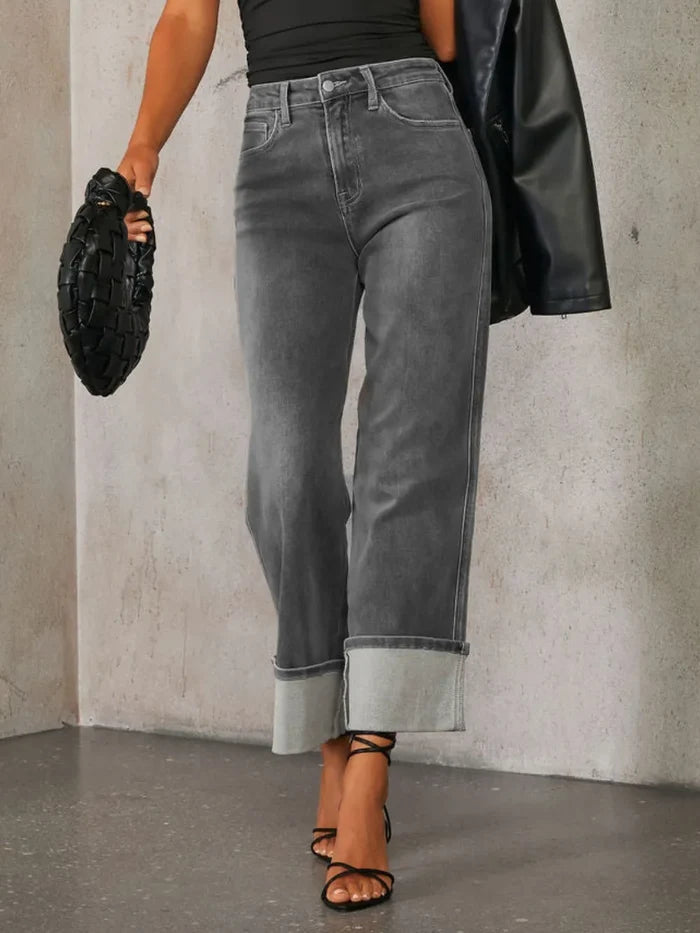 High Waisted Straight Leg Rolled Jeans