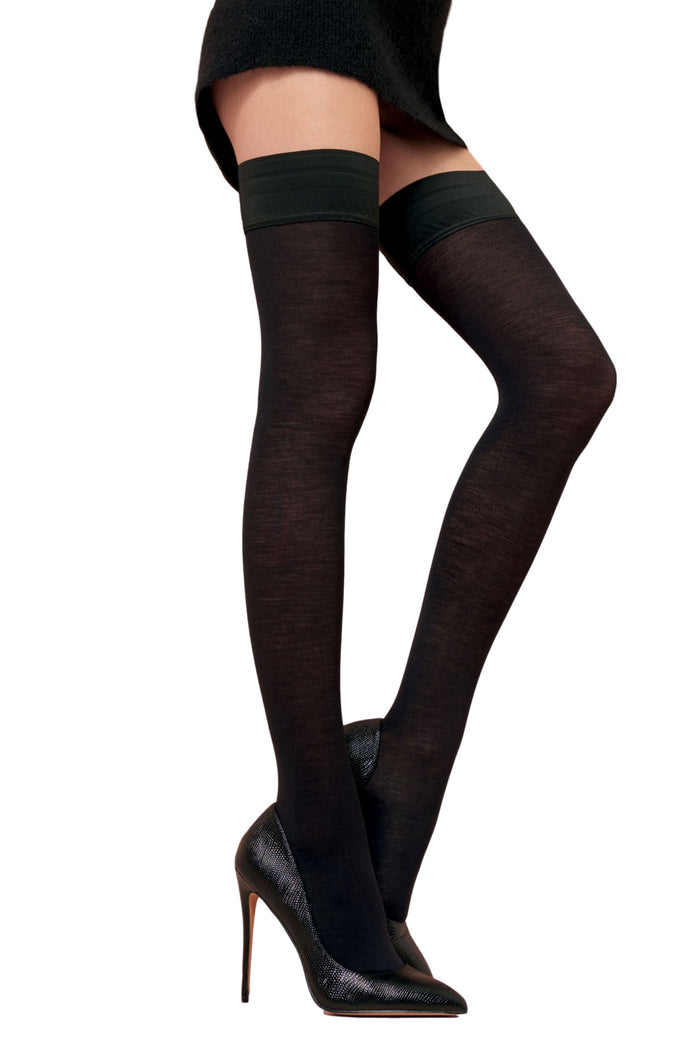 Black wool hold ups  worn with black high heels on a white background