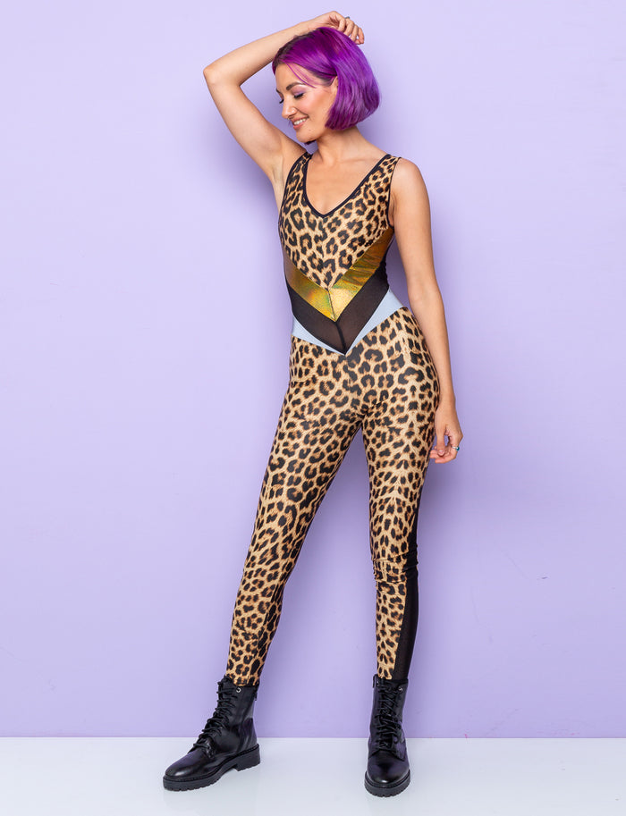 woman in leopard print Catsuit with full back
