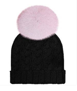 Knitted Black Hat With Pink Fox Fur Pom Pom