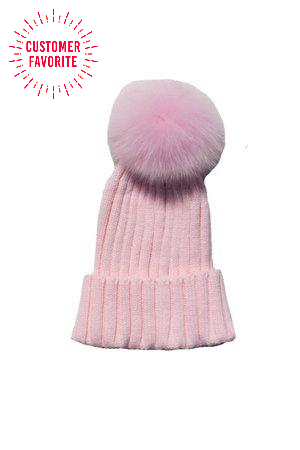 Knitted Pink Hat with Pink Pom Pom
