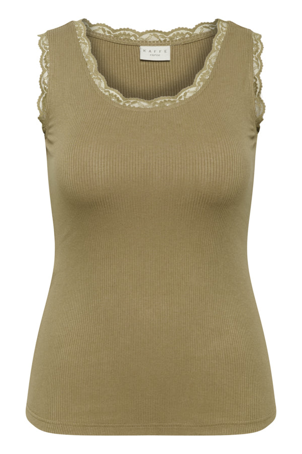Green ribbed tank top with lace trim on a white background