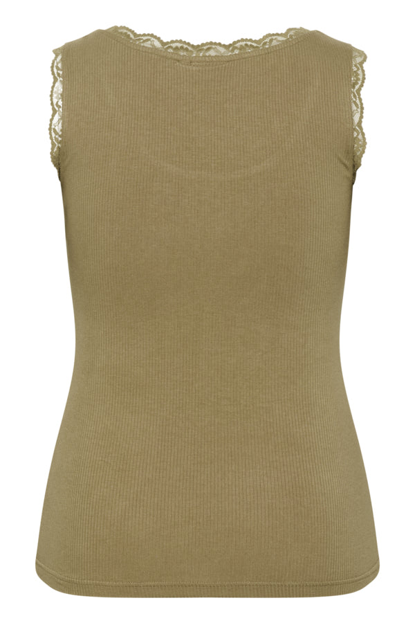 Green ribbed tank top with lace trim on a white background