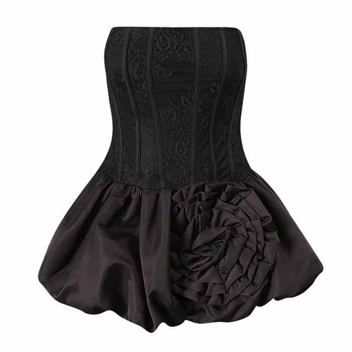 Lace & Rose Embellished Mini Dress – Strapless Party Dress with Patchwork Design