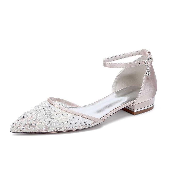 Lace satin wedding flats for women with beaded detailing and ankle strap in elegant design