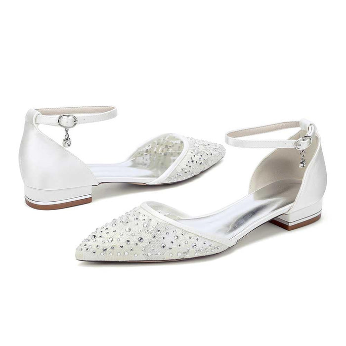 Lace satin wedding flats for women with sparkling embellishments and ankle strap detail