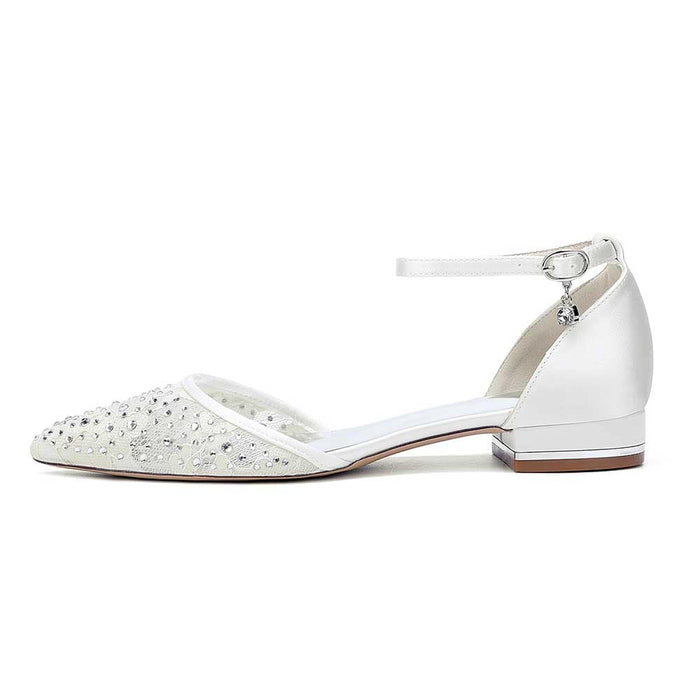 Elegant lace satin wedding flats for women with sparkling embellishments and ankle straps