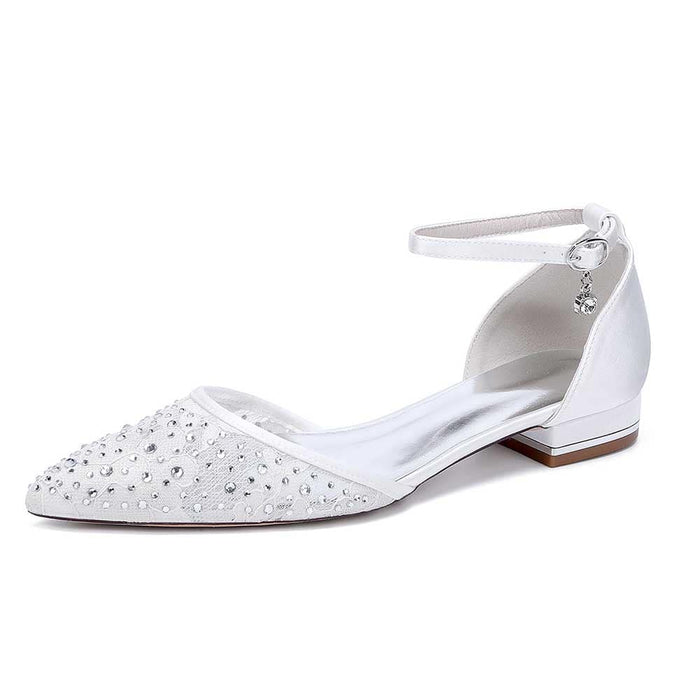 Lace satin wedding flats for women by S&DCo. featuring a pointed toe and embellished details