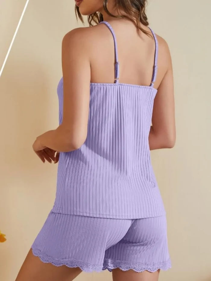 Lace-Trimmed Ribbed Cami and Shorts Lounge Set