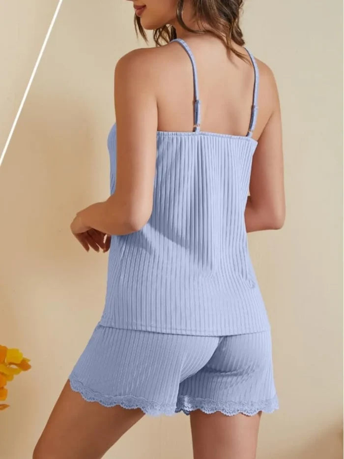 Lace-Trimmed Ribbed Cami and Shorts Lounge Set