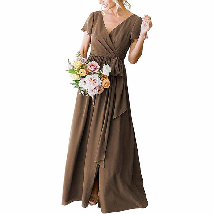 Elegant rustic wedding bridesmaid dress in brown with a flattering V-neck and flowing skirt