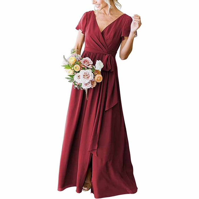Elegant burgundy rustic wedding bridesmaid dress with a flattering v-neck and flowing design