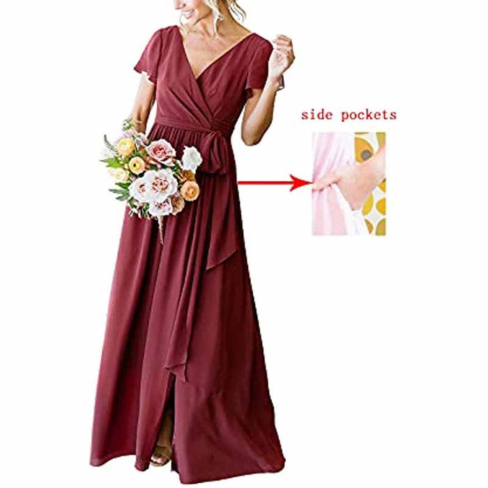 Burgundy rustic wedding bridesmaid dress with a v-neck and side pockets, perfect for elegant occasions