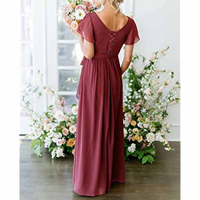 Elegant rustic wedding bridesmaid dress in burgundy with short sleeves and back detail
