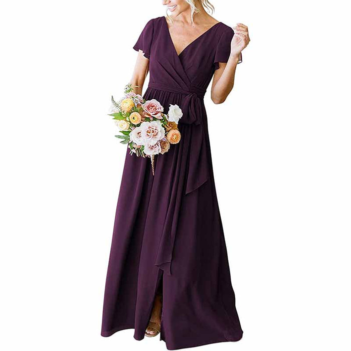 Elegant rustic wedding bridesmaid dress in deep purple with v-neck and flattering wrap design