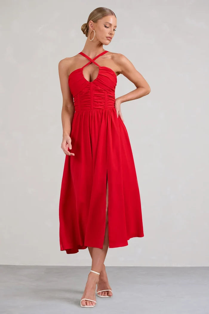 Lady Loren Red Ruched Cross-Strap Split Midi Dress