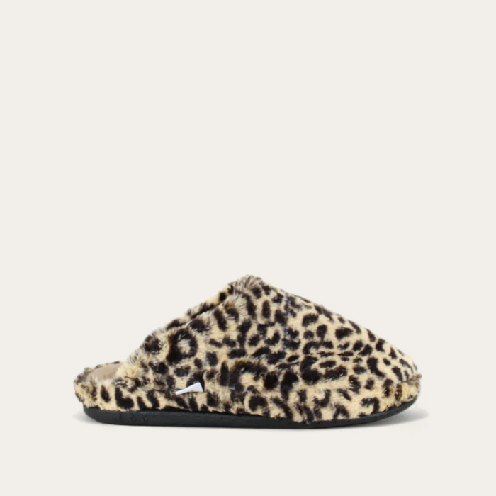 A fuzzy, leopard-print slip-on slipper.