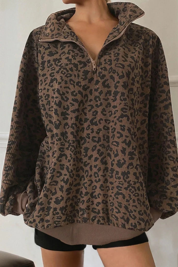 Leopard Print Quarter Zip Corduroy Sweatshirt