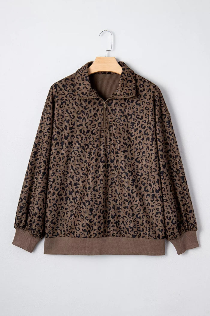Leopard Print Quarter Zip Corduroy Sweatshirt