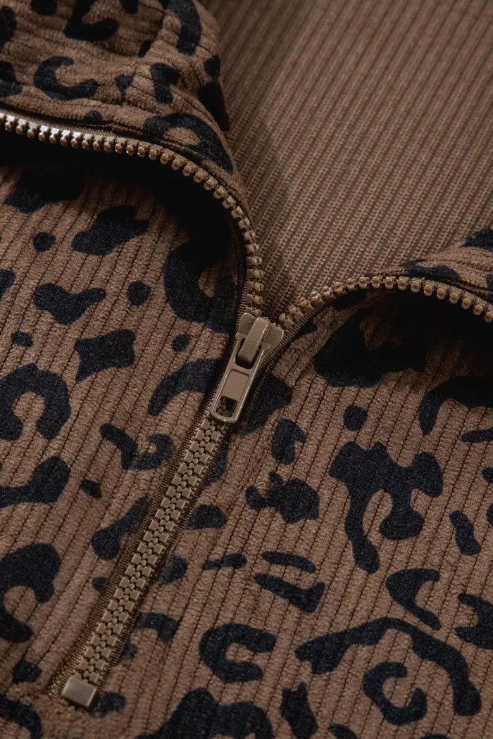 Leopard Print Quarter Zip Corduroy Sweatshirt