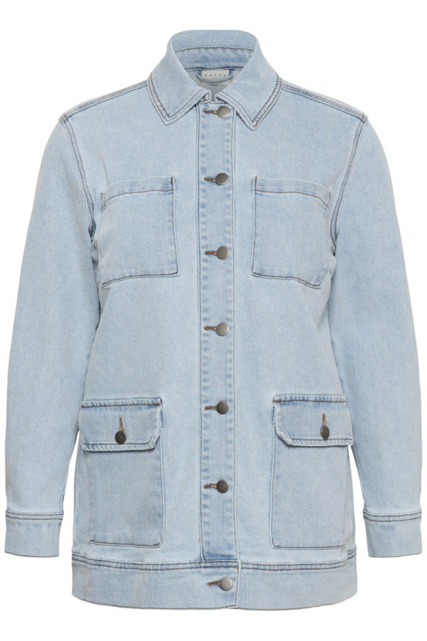 Light blue denim jacket with multiple pockets on a white background