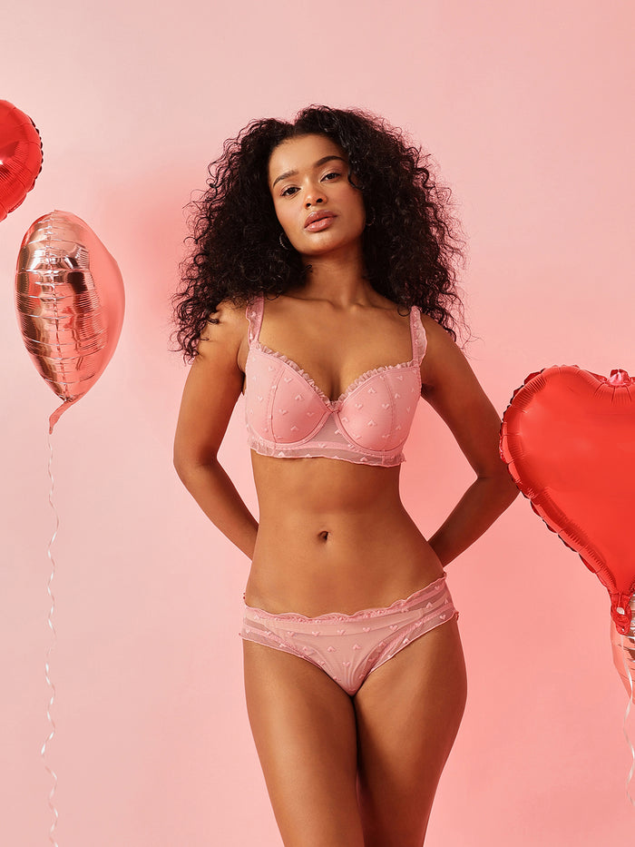 Lightly Padded Underwired Demi Coverage Mesh Bra & Brief Set
