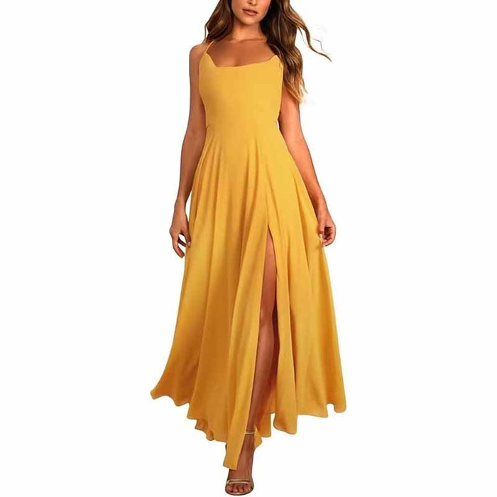 Long Chiffon Bridesmaid Dresses For Wedding A Line Cowl Neck High Slit Formal Dress with Pocket