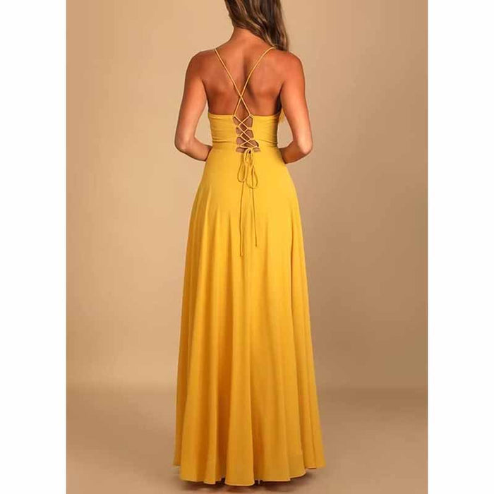 Long Chiffon Bridesmaid Dresses For Wedding A Line Cowl Neck High Slit Formal Dress with Pocket