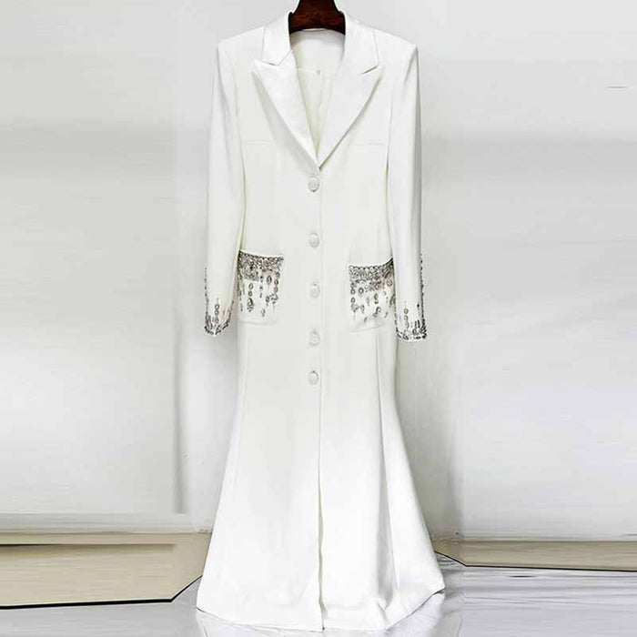 Long Sleeve Crystal Sequin Maxi Coat Dress Black Embellished Long Blazer Dress