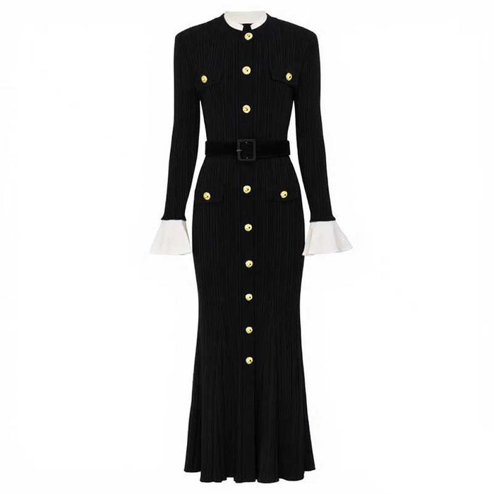 Long Sleeve Round-Neck Knit Dress Long
