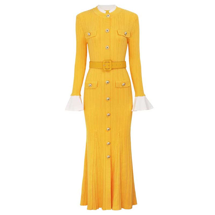 Long Sleeve Round-Neck Knit Dress Long