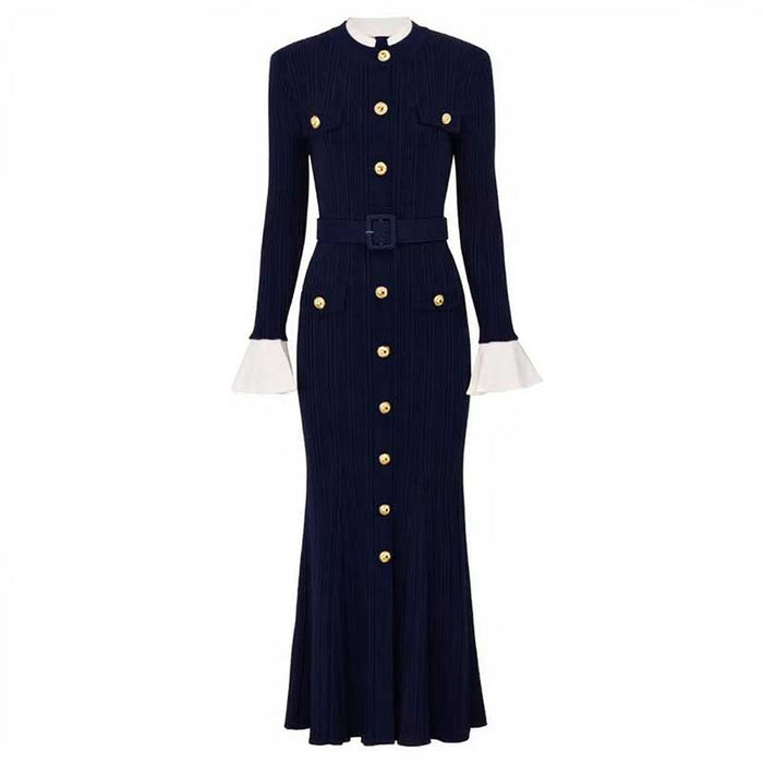 Long Sleeve Round-Neck Knit Dress Long