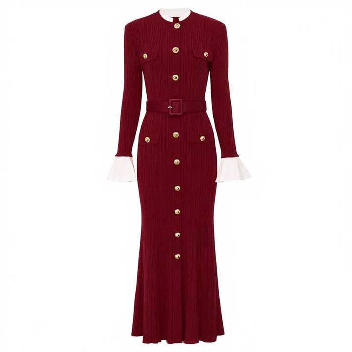Long Sleeve Round-Neck Knit Dress Long