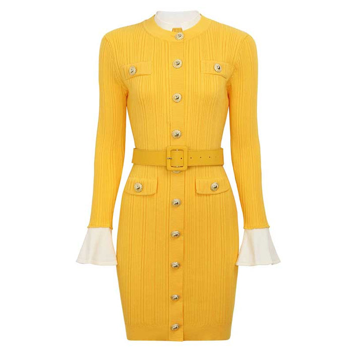 Long Sleeve Round-Neck Knit Dress Short